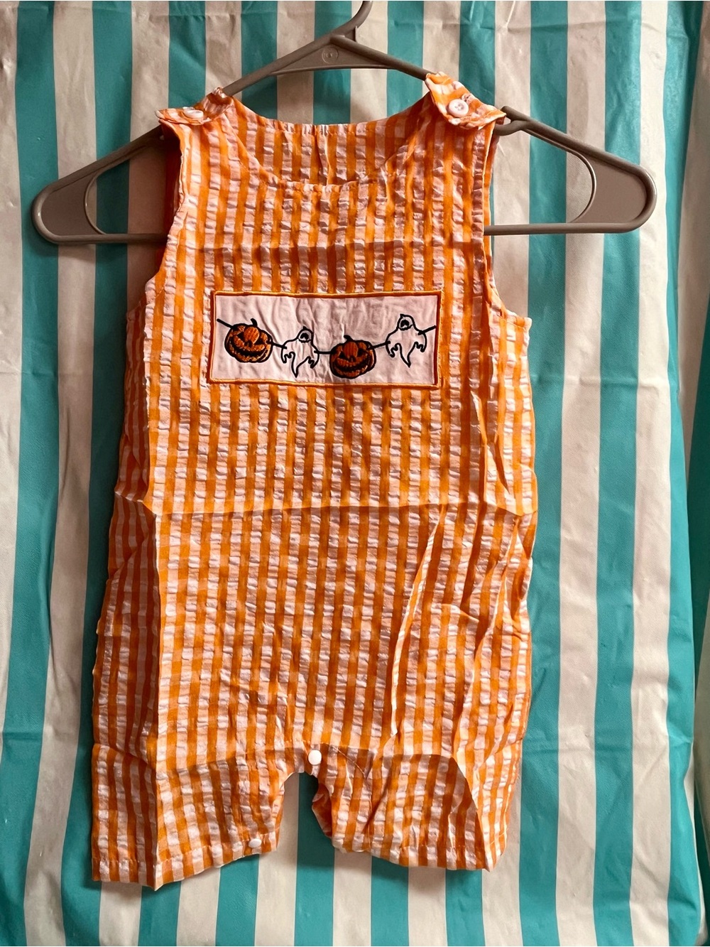 Orange & White Striped Halloween Romper with Pumpkin & Ghost Applique unisex